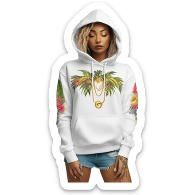Trendy lady tropical multicoloured baroque hoodie with tattoos and gold chain sticker