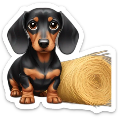 Very sad mini dachshund with a top hay sticker