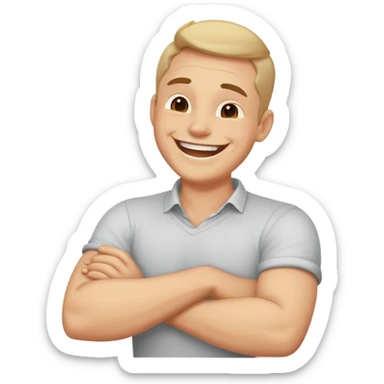 Guy with arms crossed around holding neck while laughing sticker