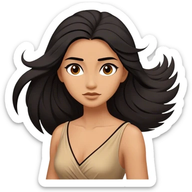 Cinematic Stunning Pocahontas Portrait Emoji, Windswept raven hair flowing behind her, deep brown eyes filled with wisdom and strength, glowing sun-kissed skin, wearing her elegant tan dress, the spirit of the wild in her expression, breathtakingly majestic! sticker
