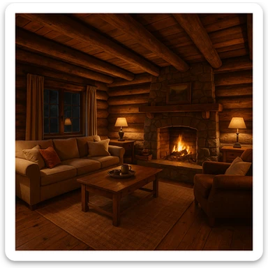 cozy rustic cabin interior with wooden beams, warm lighting, inviting atmosphere sticker