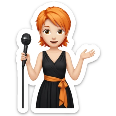 singer, Middle age, orange hair, happy, holding mic, wearing dress sticker