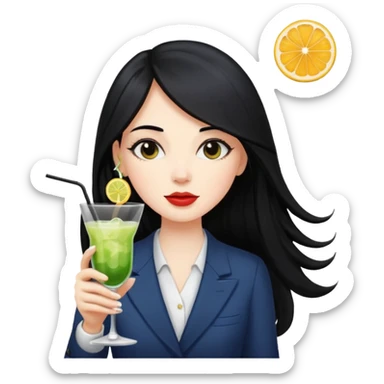 Pale girl with black long hair drinking cocktail sticker