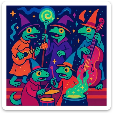 surreal band of lizard wizards performing on stage, each with magical instruments, colorful and whimsical, King Gizzard and the Lizard Wizard theme sticker