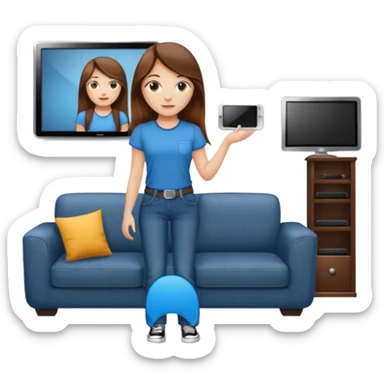 beautiful girl with long brown hair constructing new lounge room area with flat screen tv and couch sticker