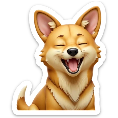 Cinematic Cute Yawning Dingo Portrait Emoji, Head tilted slightly with a dramatic, wide-open yawn, showcasing a soft, sandy fur with gently drooping ears and round amber eyes barely open in drowsy contentment, Simplified yet irresistibly adorable features, highly detailed, glowing with a soft, cozy glow, high shine, relaxed yet expressive, stylized with a touch of wild charm, bright and endearing, soft glowing outline, capturing the essence of a sleepy yet affectionate dingo, so drowsy it feels like it could stretch out of the screen and curl up for a nap! sticker