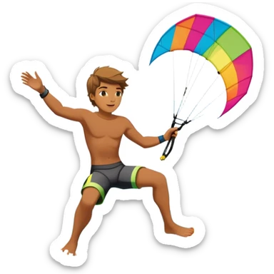 A professional kite surfer performing a high-flying trick on the waves, with a colorful kite soaring above. The background features a stunning landscape of rolling ocean waves, a bright sky, and distant mountains, emphasizing the skill and freedom of the sport. sticker