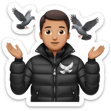 puffer shiny black jacket man open arms looking at a flying pigeon sticker