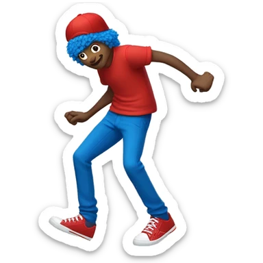 red cap, blue hair, long arms long legs, his hands are white, red sleeves, blue pants, red shoes sticker