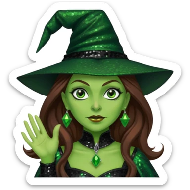 The Wicked Witch from Oz with long brown hair, green skin, black sequin outfit sticker