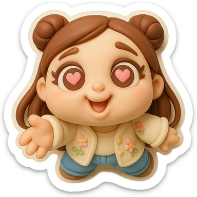 Create a 3D chibi fondant cake art style image of a girl based on the reference image, preserving facial features. She has long brown hair styled in two space buns, brown eyes with soft pink hearts in them expressing love, wearing jeans and a pastel floral cardigan. The image should have a thick white outline like a sticker and a transparent background. The face is extremely close to the camera with a fisheye effect, as if stretching her face toward the viewer in adoration. High-quality rendering with smooth shadows and soft gradients. sticker