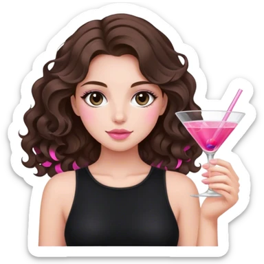 brunette wavy hair down girl black top holding a pink cosmo sticker