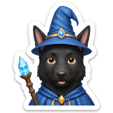 all black german shepherd face wearing a wizard hat and staff and magic swirling around him sticker