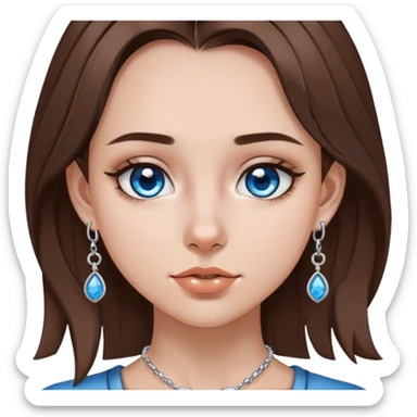 Girl with medium length brown hair, brown eyes, and silver septum piercing, silver earrings, and silver necklace with blue gem sticker
