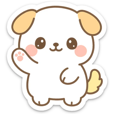 super kawaii, fluffy chubby puppy waving, round face, big sparkly eyes, blushing cheeks, tiny limbs, short tail, soft fluffy fur; hand-drawn Japanese kawaii style, watercolor pastel tone, consistent colors cream, pastel pink, pastel yellow, baby blue sticker