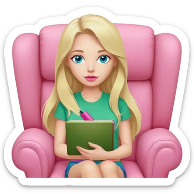 Cinematic realistic blonde with long hair, blue eyes and pink lips, dressed in a green T-shirt, sits in a beige armchair with a pink notebook and pen in her hands sticker