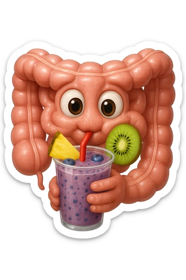 EMOJI STILE IPHONE DI un intestino umano anatomico che beve un frullato di mirtilli, ananas, kiwi, fagli anche la parte bianca degli occhi, non solo le pupille, REALISTICo 4K sticker
