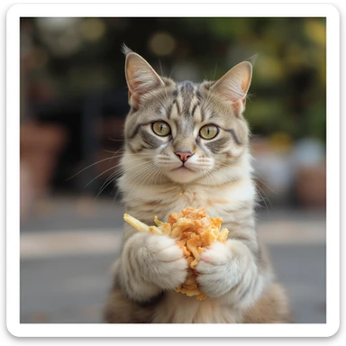 realistic cat carrying food, detailed and lifelike style sticker