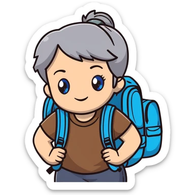 white woman park ranger with blue eyes, brown and gray hair, wearing a backpack sticker