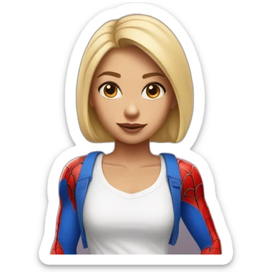 tanned blonde girl with bobbed hair and bleu eyes with spider man t-shirt sticker