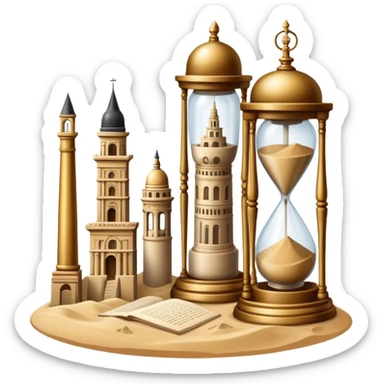 icon featuring ancient scrolls, quill pen with famous historical landmarks and monuments in the background. Large, antique sand clocks with sand pouring out represent the passage of time. Historical figures are depicted as statues. Transparent background. sticker