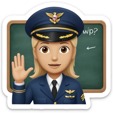 Slack-style emoji of a pilot wearing a navy captain hat holding a blackboard with the text "WIP" on it sticker