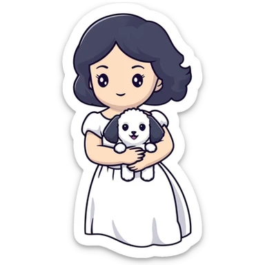 A beautiful girl with long black hair wearing a white dress holds a small white Bichon Frise in her arms sticker