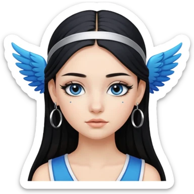Girl with Black long straight hair with headband black one that puts hair pushed back winged eyeliner both upoer and lower line blue eyeshadow silver hoops  sticker