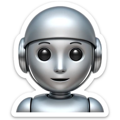 A cute futuristic robot emoji made of silver chrome, rounded friendly body, minimal facial features, glossy metallic surface, soft reflections, iOS emoji style, centered, clean white background sticker