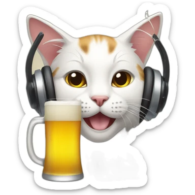 a cat who drinks beer is wearing a gaming headset sticker