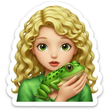 A curly blonde girl kiss a frog sticker