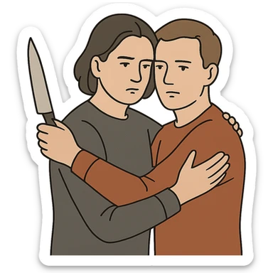 a person holding a knife in one hand, hugging another person, both with neutral expressions, clear body language, no background sticker