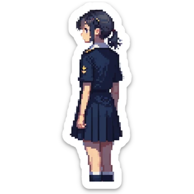 slender schoolgirl in navy uniform in classroom at sunset with dramatic shadows, one desk pulled out, gazing at window, feeling of longing sticker