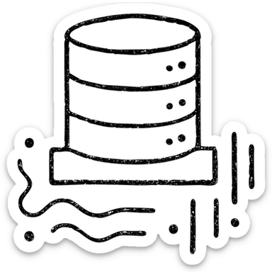 abstract minimalist hand-drawn outlined icon of geometric forms hinting at database and basement, with abstract data streams of lines, dots, or waves, worn and distressed effect sticker