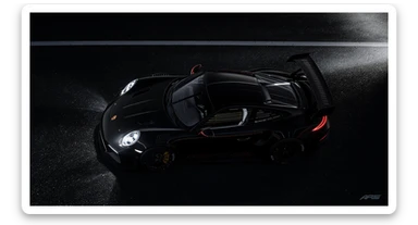 Editorial shot of a porsche 911 gt3 rs, top dutch angle, black voide around, top spotlight, captured on arri alexa sticker