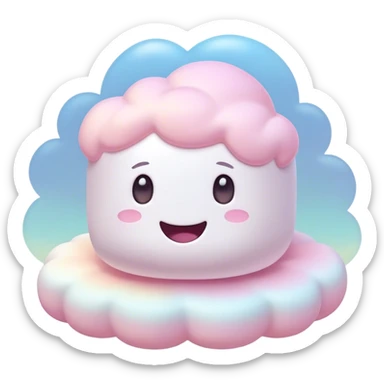 Cinematic fluffy pastel marshmallow character, soft round edges, tiny sparkly eyes, a small happy smile, glowing warmly, floating in a dreamy soft sky. sticker