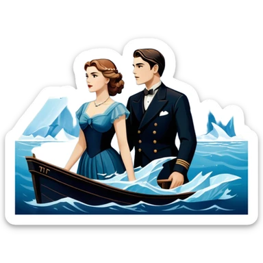 Icon for Titanic Movie: A vintage movie poster-style design featuring a dramatic scene of the ship, the iceberg, and a romantic silhouette of the main couple. Include elements like the ship’s bow, water splashes, and a starry sky in the background. Retro cinematic feel. Transparent background. sticker