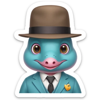 cute light blue turqiouse platypus head, smiling with big eyes with a detective hat and monocle on his eye, no  hands, looks like a platypus but blue, the hat and suit are pink sticker