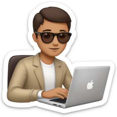 man in sunglasses typing on a laptop with a coffee cup beside him sticker