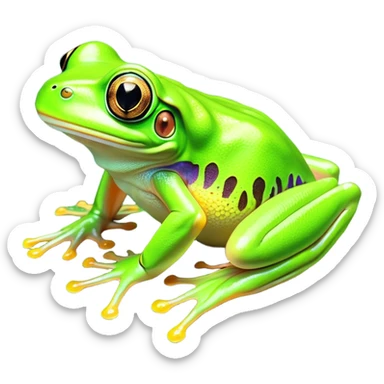 Cinematic Noble Green Tree Frog Portrait Emoji, Poised and alert, with a compact, vibrant body clad in bright, glossy green skin accented by delicate, sticky toe pads and large, bulging, observant eyes, Simplified yet sharp and sophisticated features, highly detailed, glowing with a soft, verdant luminescence, high shine, intelligent and sprightly, stylized with an air of tropical elegance, focused and attentive, soft glowing outline, capturing the essence of a watchful and confident amphibian that appears ready to leap out of the screen with effortless agility! sticker
