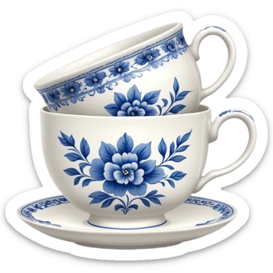 white porcelain tea cup with blue floral vintage design sticker