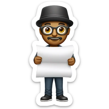 designer with hat, paper, pilot-shaped glasses, a light beard and holding a paper in his hand, smi sticker