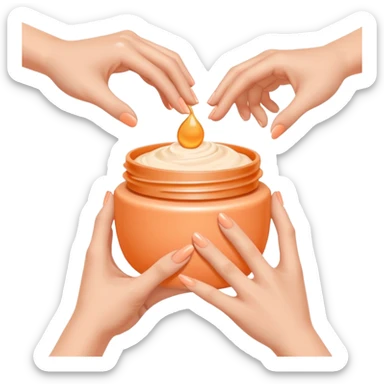 Minimal emoji of hands gently applying skincare cream, soft nude and peach tones, clean beauty aesthetic, calm and elegant, subtle glow sticker
