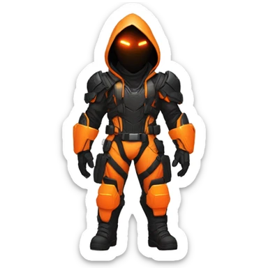  developer behind his laptop with this style : crysis Cyberpunk Valorant orange glowing bright orange character orange black hooded assassin themed character sticker