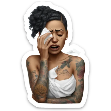 Hyper Realistic Beautiful tattooed woman crying holding a tissue   sticker