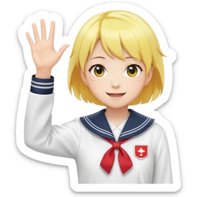 Anime girl with short bright yellow hair wearing Japanese sailor style school uniform, composed posture with hand on hip but energetically waving with other hand, excited smile and happy eyes sticker