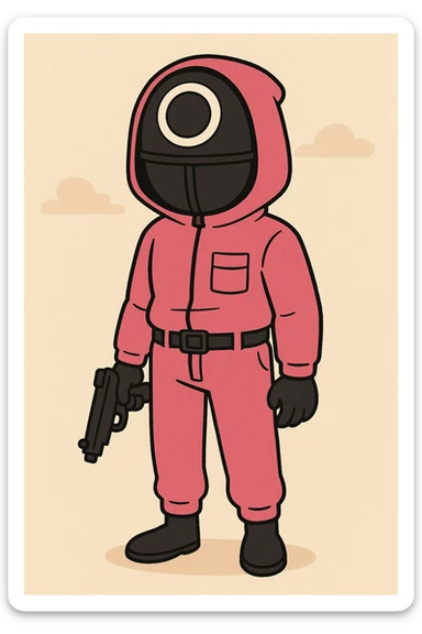 cartoon style squid game guard with pink jumpsuit sticker