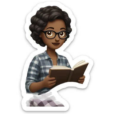 a white girl with glasses and dark hair is sitting in a cot with a plaid and reading a book sticker