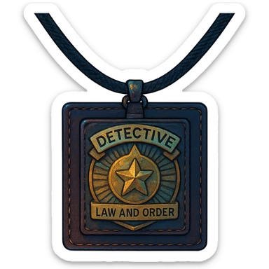 a detective badge, law and order. cyberpunk futuristic, square leather neck worn sticker
