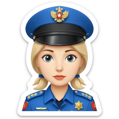 Female Russian police officer with traditional Russian police hat and blue uniform sticker
